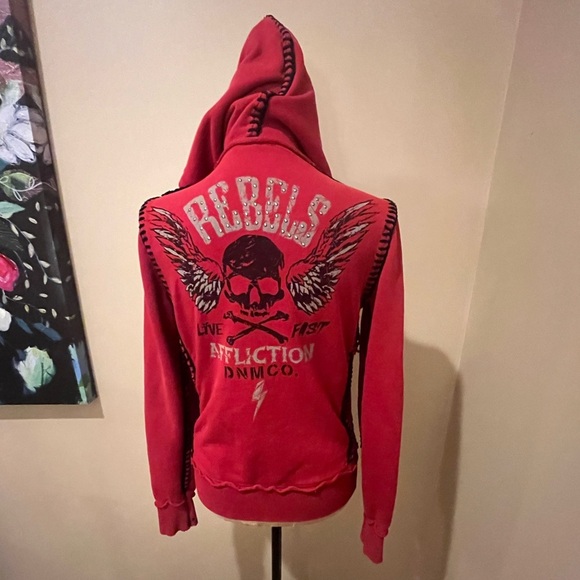Affliction Red Hoodie with Skull and Wings, size XS - Picture 1 of 12
